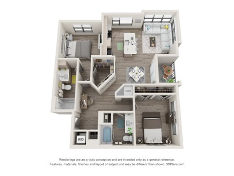 Floor plan for 2 beds, 2 baths, 1169 sqft